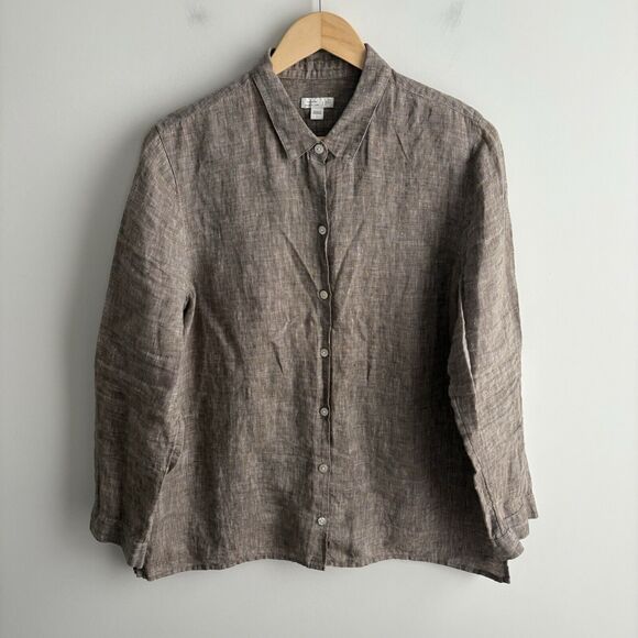 J Jill Love Linen Shirt Large Heather Brown Button Up Essential Shirt Long Slv - Picture 1 of 8
